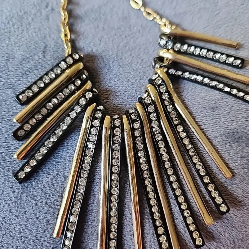Vintage Tribal Bib Necklace Gold Black Faux Diamonds